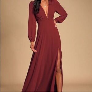 Lulu's Burgundy Long Sleeve V-Neck Wedding Guest Dress